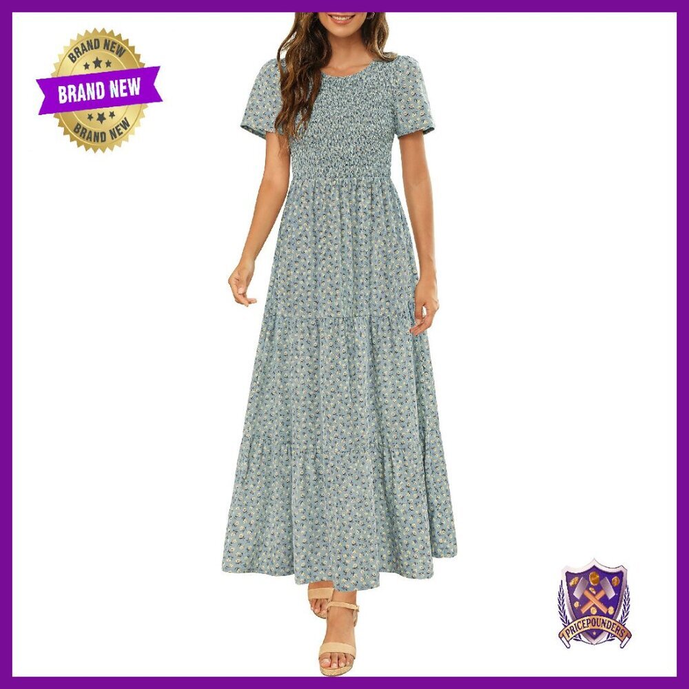 Smocked Maxi Dress Flowy Tiered Floral Wedding Guest Midi